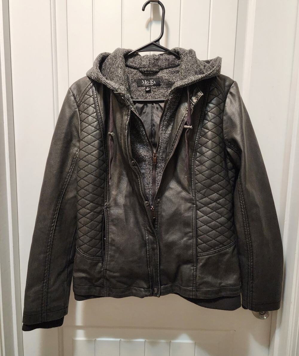 Mo-Ka Meriam Knit Hood Faux Leather Jacket Russian Dark Gray Heavy Weight Size M